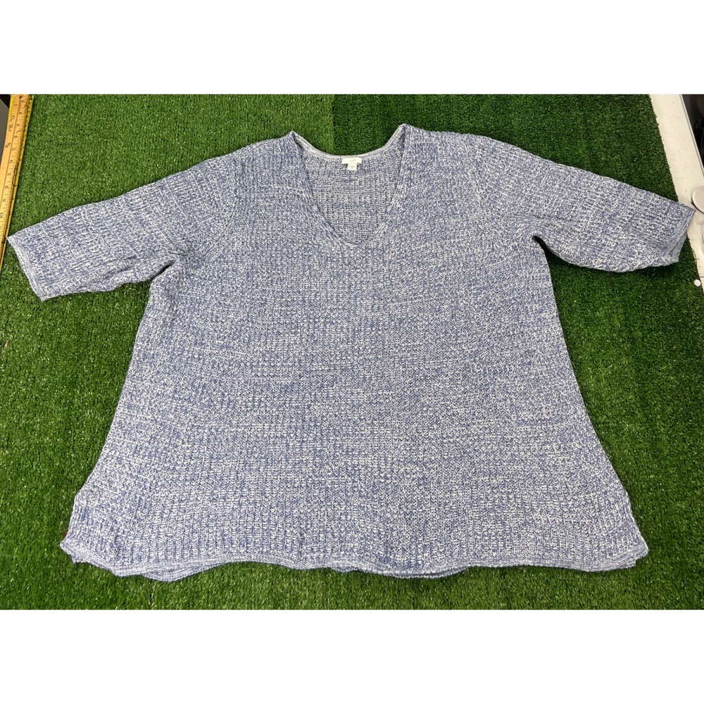 J. Jill Womens 2X Blue White Marled Knit V-Neck Short Sleeve Pullover Sweater